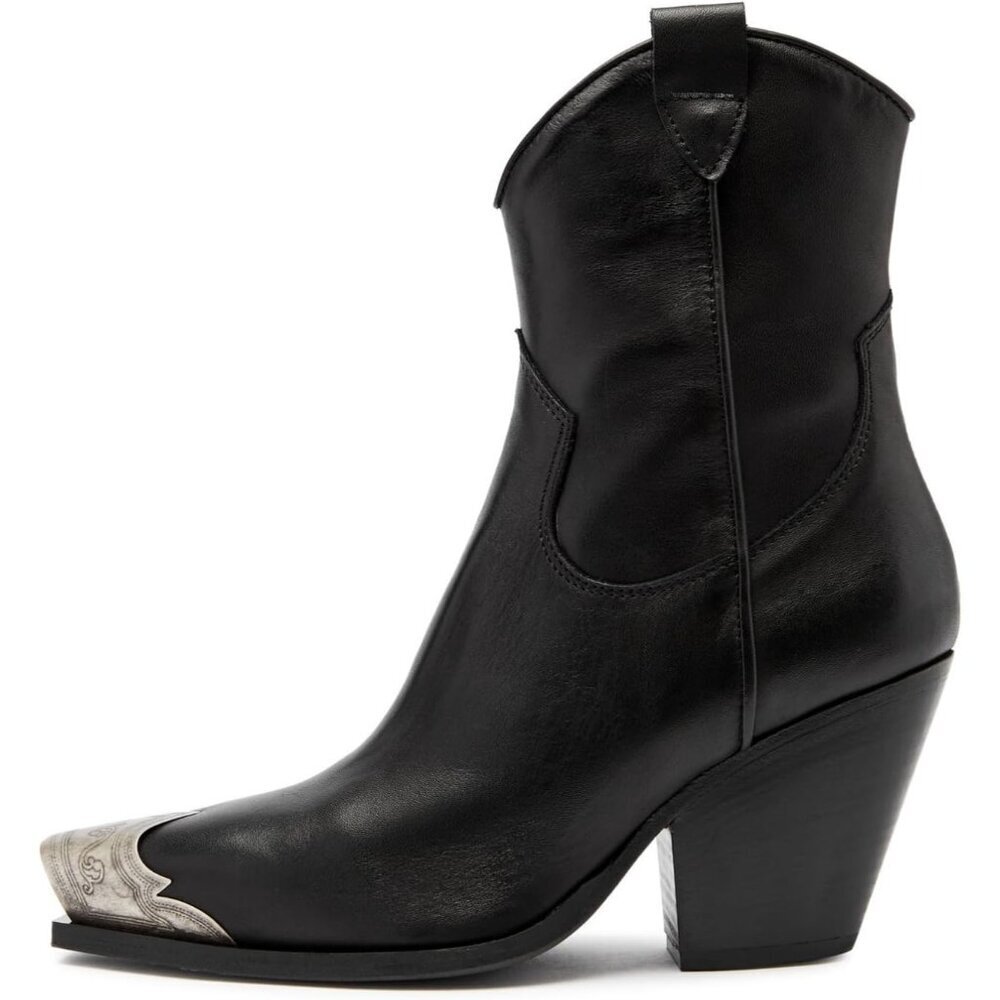 Women's Black Faux Leather Steel Toe Side Zipper Block Heel Western Ankle Boots